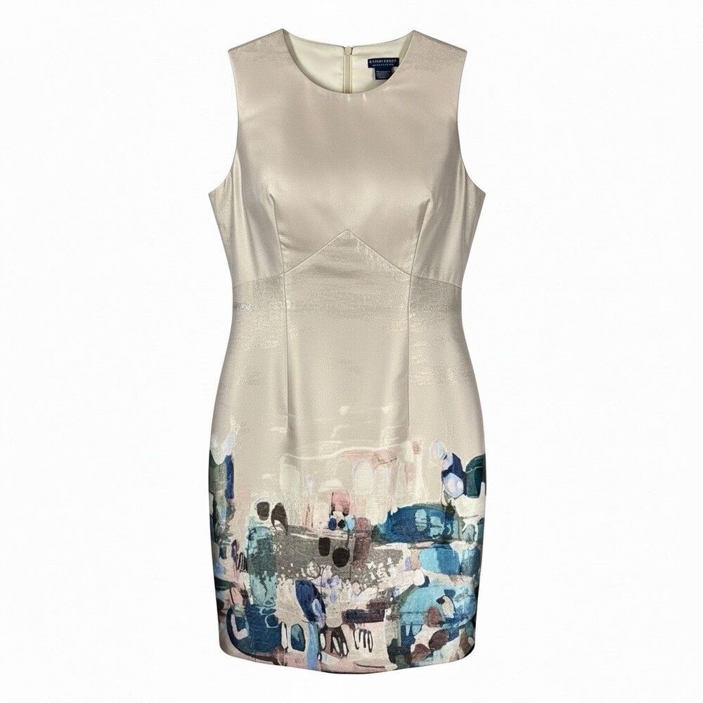 Doncaster Dress Sz 4 Latte Blue Abstract Art Border Print Metallic Cocktail